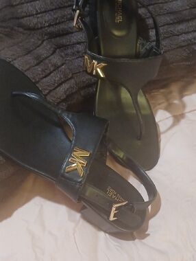 Michael Kors Black Sandals with Gold MK Hardware